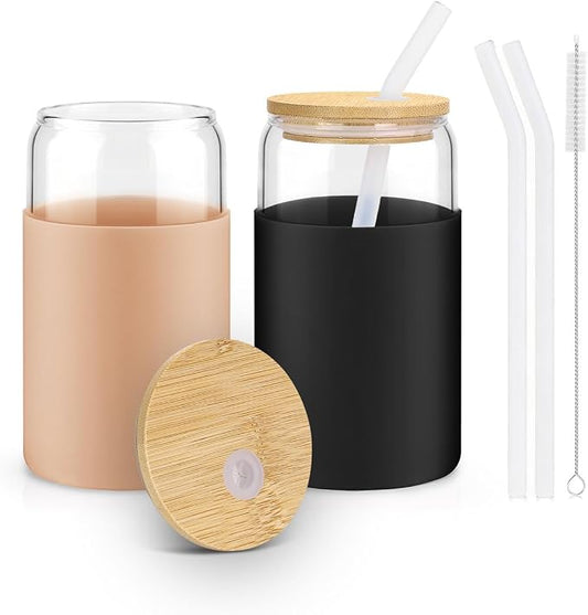 Glass Cups with Lids and Straws, 2 Pack 16OZ Iced Coffee Cups with Silicone Sleeve, Glass Tumbler with Straw and Bamboo Lid, Home Essential Drinking Set for Juice, Cocktail and Latte Black&Khaki by sungwoo