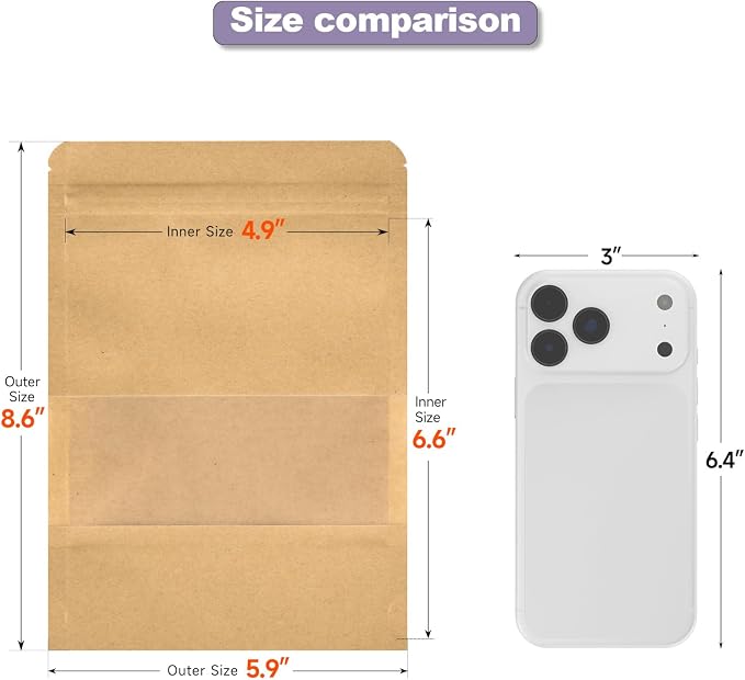 Kraft Paper Bags with Transparent Window, Stand Up Pouches Smell Proof Bags | 100 Pcs 6x8.6 Inch Resealable Bags for Small Business, Zipper. Food Storage,for Packaging Snacks Cookies Candy - Image 2