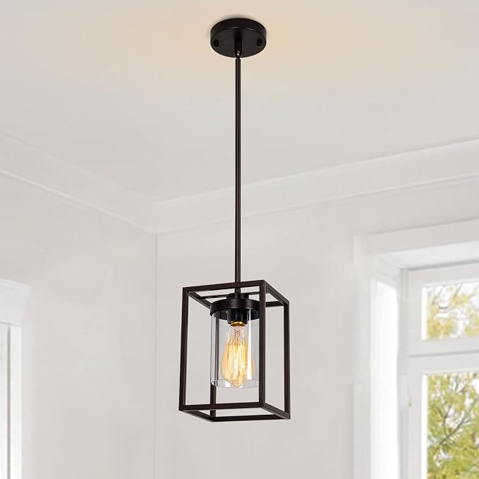 1-Light Oil Rubbed Bronze Pendant Light Fixture, with Clear Glass Shade | Farmhouse Iron Cage Metal, Lantern Pendant Light For Kitchen Island Entryway Dining Room Hallway by Rviezza
