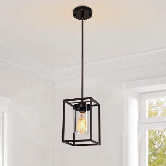 1-Light Oil Rubbed Bronze Pendant Light Fixture, with Clear Glass Shade | Farmhouse Iron Cage Metal, Lantern Pendant Light For Kitchen Island Entryway Dining Room Hallway by Rviezza