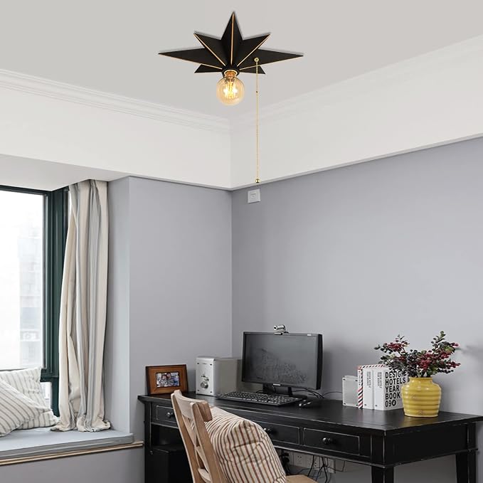 16 inch Flush Mount Ceiling Light with Pull Chain On/Off Switch, Industrial Black Star Ceiling Light Fixtures, Farmhouse Lighting for Hallway, Entryway, Porch, Study, Bedroom, Stair, Kitchen, Bathroom - Image 5