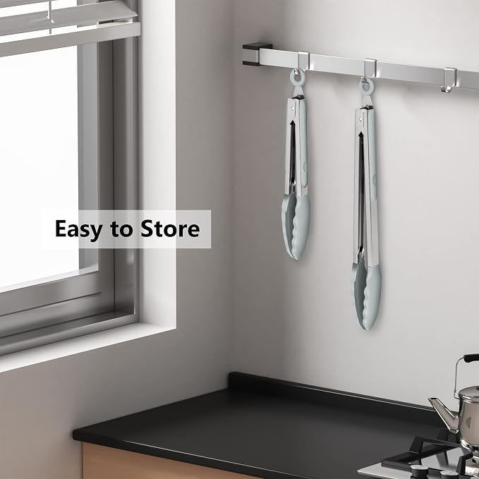 2 Pack Silicone Kitchen Tongs – 9" & 12" Set, Heat Resistant up to 500°F, Non‑Stick Cookware Safe, Wavy Silicone Tips, BPA Free, Locking Clip & Hanging Loop, Warm Grey - Image 6
