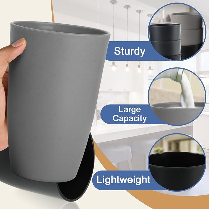 20 OZ Wheat Straw Cups Set of 6, Unbreakable Water Cup, Alternative to Plastic Cups Reusable, Plastic Glasses Drinking, Microwave Safe Tumbler Cups for Kitchen, Dorm, RV (BlackGrey) - Image 4