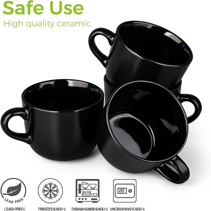 AmorArc 24 oz Soup Mugs with Handles, Jumbo Ceramic Bowls Mugs Set with handles for Coffee Cereal Cappuccino Snacks, Microwave&Dishwasher safe Soup Cups for Meal-Black - Image 5