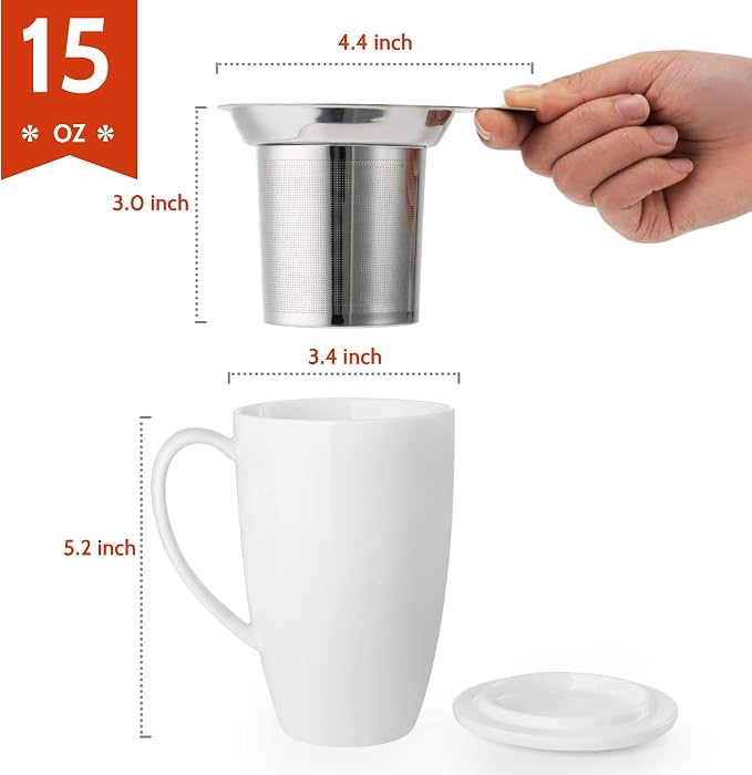 Sweese 15oz Porcelain Tea Mug with Infuser and Lid – Microwave Safe, Ergonomic Handle, Lead-Free Glaze, for Loose Leaf Tea White; - Image 2
