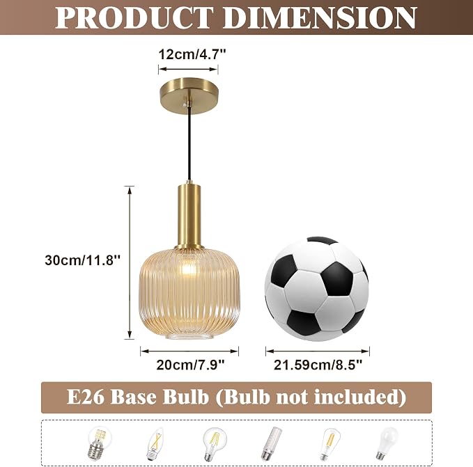 KCO Lighting MCM Gold 7.9" Amber Ribbed Glass Pendant Lights Kitchen Island | Adjustable Cord for Sloped Ceilings, E26 Base, Vintage Brushed Brass Hanging Light for Living Dining Room Hallway Bar Bedroom - Image 2