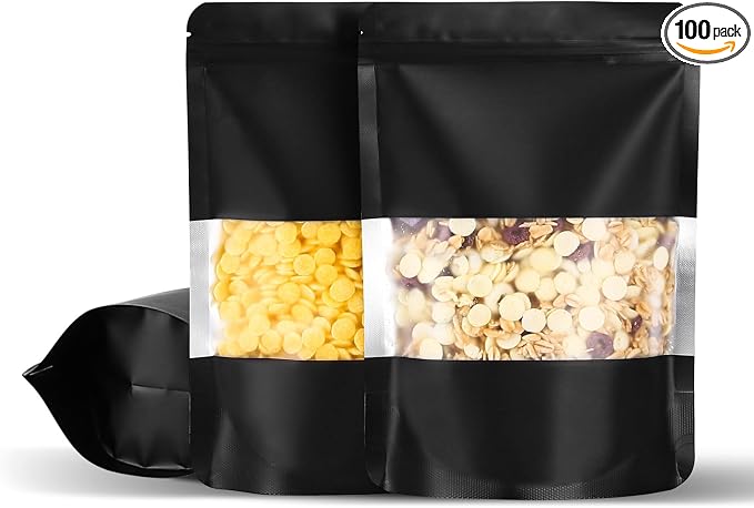 Motomy 100Pcs 6.3x9.4 Inch Stand Up Pouches Black Mylar Bags | Zipper Food Storage Coffee Snacks Baked Food Packaging for Small Business by Motomy
