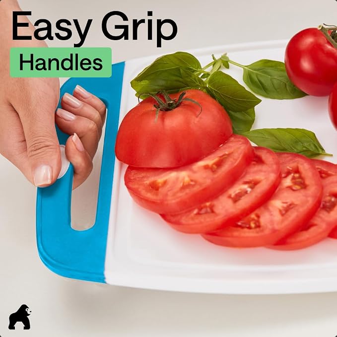 GORILLA GRIP BPA-Free Reversible Kitchen Cutting Board Set of 3, US Designed, Nonporous, Juice Grooves Catch Liquid, Slip Resistant Border, Dishwasher Safe, Durable Large Food Chopping Boards, Aqua - Image 8