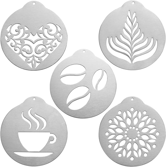 Stainless Steel Coffee Stencil Set, 5 Pieces, Latte Art Templates for Cappuccino, Cake and Cupcake Decorating