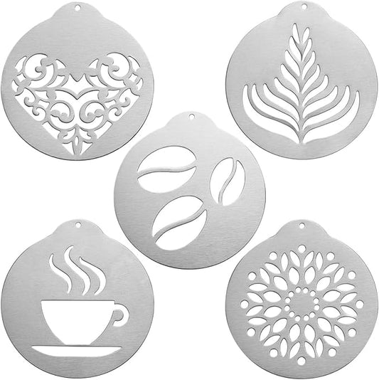 Stainless Steel Coffee Stencil Set, 5 Pieces, Latte Art Templates for Cappuccino, Cake and Cupcake Decorating