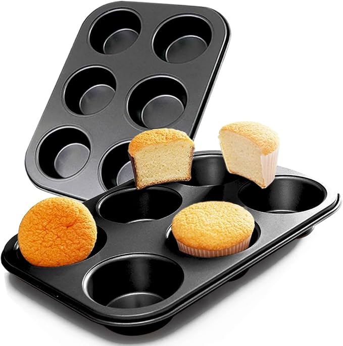 2 Packs Premium Steel Muffin Pan for Baking, Round Muffin Baking Pan, Baking Tray for Muffins, Cupcakes, Brownie(Black, 6 Cup) by ASBAYSON