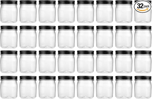 novelinks 8 oz Plastic Mason Jars and Clear Plastic Jars with Lids 8 oz | 32 Pack, Black, Plastic Containers with Lids, Small Mason Jars, Clear Jars Bulk, Spice Jars, Slime Jars, Mini Jars by novelinks