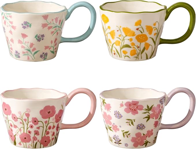 Cute Floral Coffee Mug Set of 4-12oz Ceramic Flower Embossed Cups with Petal Handles, Dishwasher and Microwave Safe by LGQ