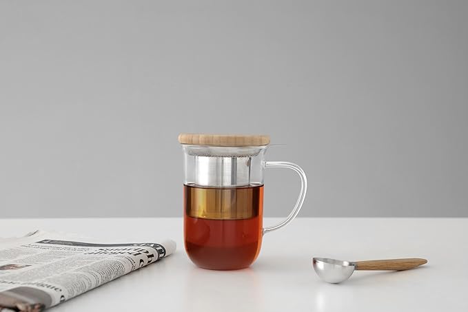 VIVA Minima Balance Glass Infuser Tea Cup - 17 oz / 500 ml Mug with Stainless Steel Infusion Mesh and Bamboo Wood Lid