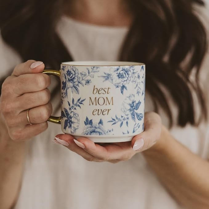 Sweet Water Decor Best Mom Ever Coffee Mug, Vintage Blue Delft Floral Design with Gold Handle & Rim, 14oz Fine Bone China Tea Cup, Cute Gifts for Mother's Day, Baby Shower, Christmas & Mom's Birthday - Image 2