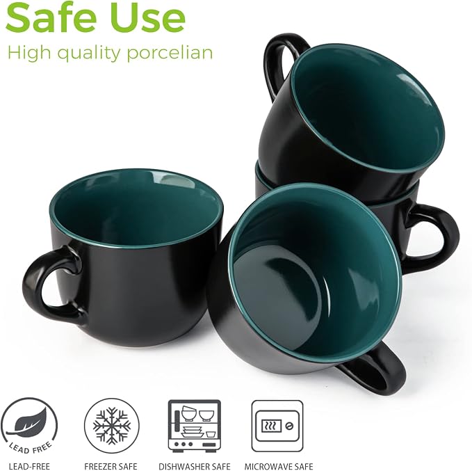 GBhome Jumbo Soup Mugs with Handles, 24 Oz Large Coffee Mugs Set of 4 | Ceramic Soup bowls for Soup Cereal Snacks Salad Noodles Cups, Microwave safe - Matte Black, Green Inside - Image 8