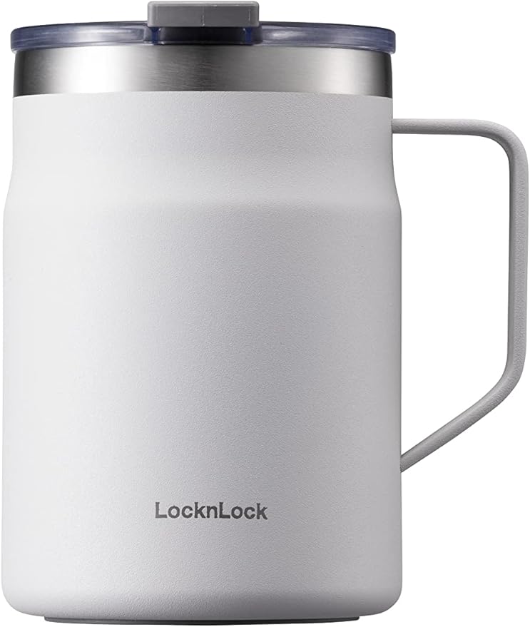 LocknLock Metro Mug, Premium 18/8 Stainless Steel Metal, Double Wall Insulated, Portable Coffee Cup with Lid and Handle for Hot and Cold Drinks, Off White, 16 oz by LocknLock