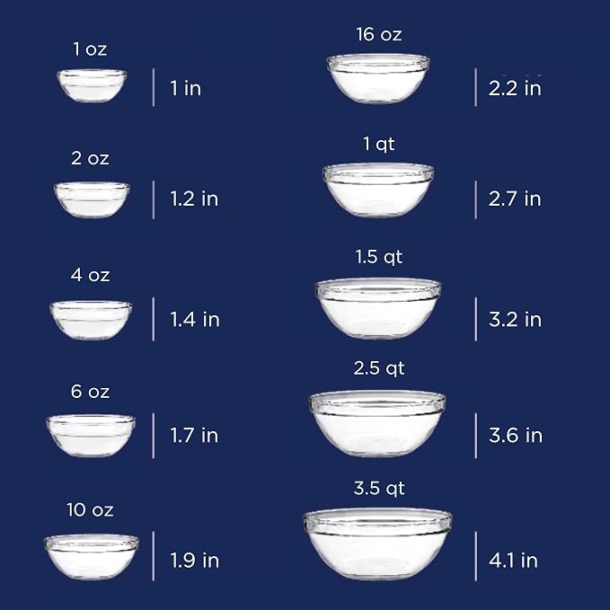 Anchor Hocking 10 Piece Mixing Bowl Set, Nesting Serving Bowls & Mixing Bowls (1 oz, 2 oz, 4 oz, 6 oz, 10 oz, 16 oz, 1 Qt, 1.5 Qt, 2.5 Qt, 3.5 Qt) - Image 3