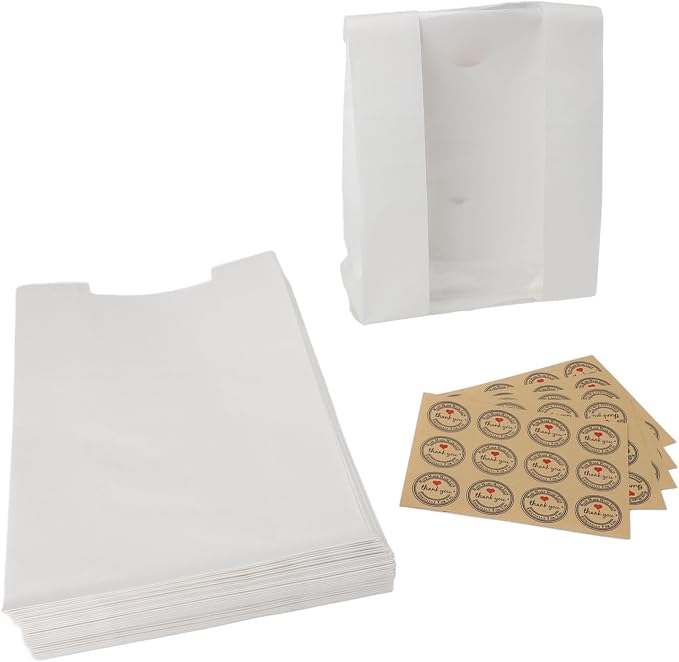 50PCS Bread Bag Kraft Paper Transparent Window Baked Food Packaging Storage Bag with 60PCS Thank You Stickers for Homemade Bread, Cake, Snacks, Coffee Beans, Popcorn, etc (White) - Image 6