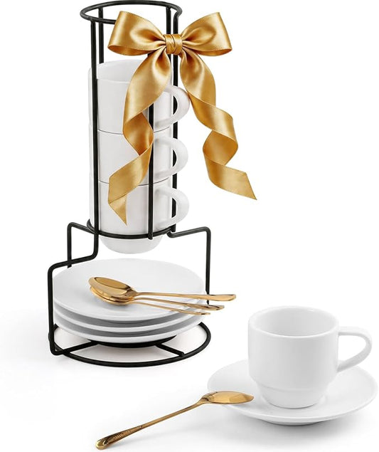 Lareina 3-Ounce Espresso Cups with Saucers, Spoons and Metal Stand, Small Stackable Coffee Cups Set of 4, Ceramic Demitasse Mugs, Gift for Housewarming or Wedding, White by Lareina