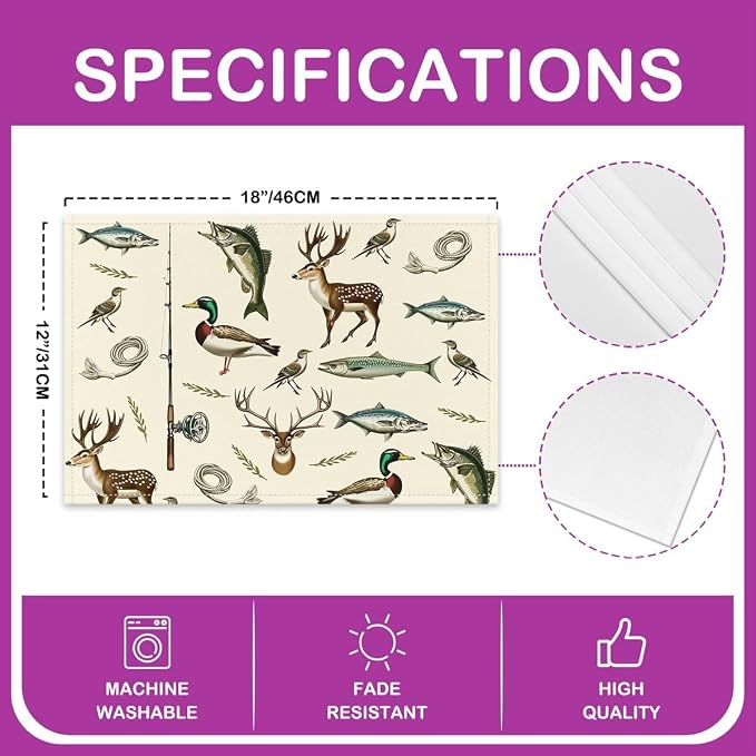 Feelyou Hunting and Fishing Placemats Set of 4 Deer Hunting Table Mats Big Bass Pike Fish Place Mat for Kitchen Dining Table Party Decor Indoor Outdoor 18"x12" Non-Slip Easy to Clean - Image 4