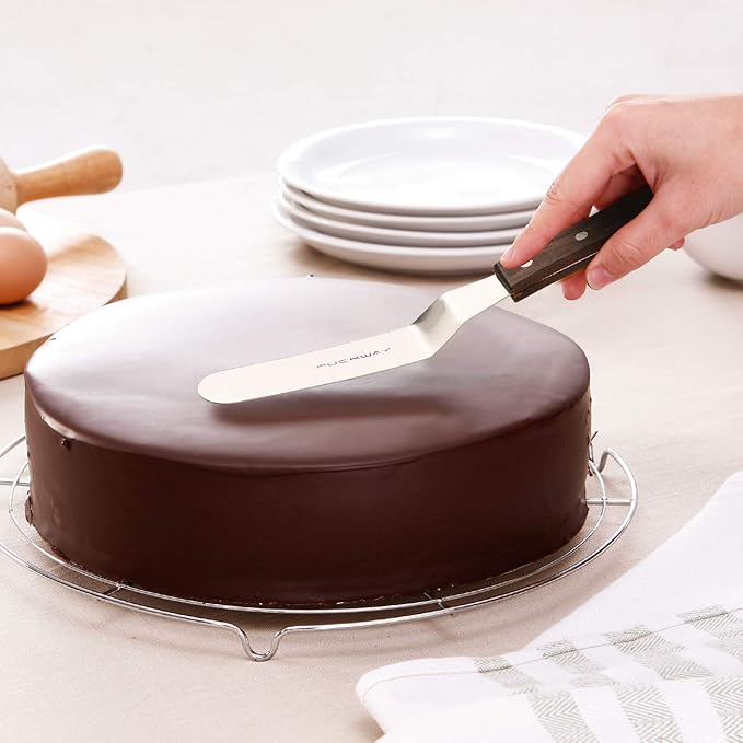 Offset Cake Icing Spatula Set of 3 Professional Stainless Steel Decorating Frosting Spatulas (4"-6"-8" Flexible Resistant Blade) Angled with Wooden Handle