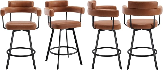 Flouki Swivel Bar Stools with Backs and Arms, Modern Faux Leather Counter Stools Set of 4 for Kitchen Island, 26" Upholstered Counter Height Bar Stools for Kitchen Counter, Dining Room, Brown - Image 8