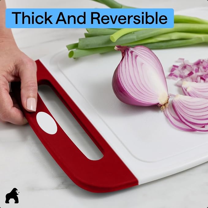 GORILLA GRIP BPA-Free Reversible Kitchen Cutting Board Set of 3, US Designed, Nonporous, Juice Grooves Catch Liquid, Slip Resistant Border, Dishwasher Safe, Durable Large Food Chopping Boards, Red - Image 7