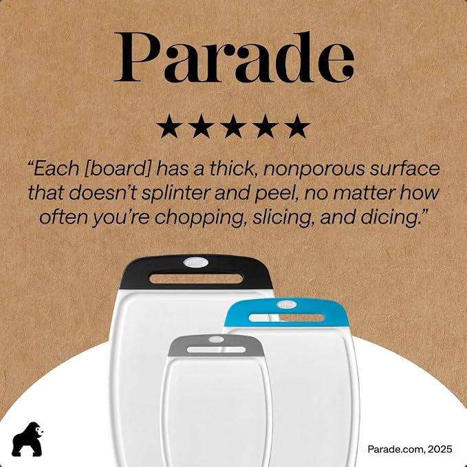 GORILLA GRIP BPA-Free Reversible Kitchen Cutting Board Set of 3, US Designed, Nonporous, Juice Grooves Catch Liquid, Slip Resistant Border, Dishwasher Safe Large Food Chopping Boards, Black Aqua Gray - Image 9