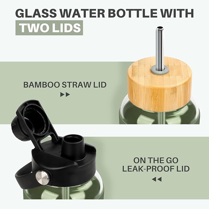 PROBTTL 40 oz Glass Tumbler with Handle - Sports Clear Borosilicate Glass Water Bottle with Straw, Silicone Sleeve, 2 Lids - Handle Spout & Bamboo Straw Lid, Fits Car Cup Holder, Leakproof（Olive