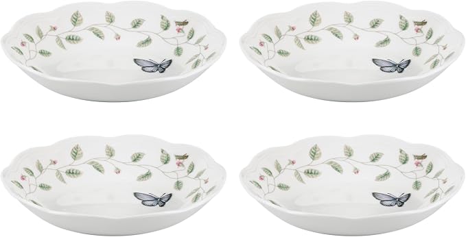 Lenox Pasta Bowls, 20oz Butterfly Meadow Pasta Bowl Set of 4, Service For 4, Porcelain, White Serving Bowls, Wide, Shallow, Lenox Butterfly Meadow Collection, Dishwasher/Microwave Safe (White 4-Piece) by Lenox