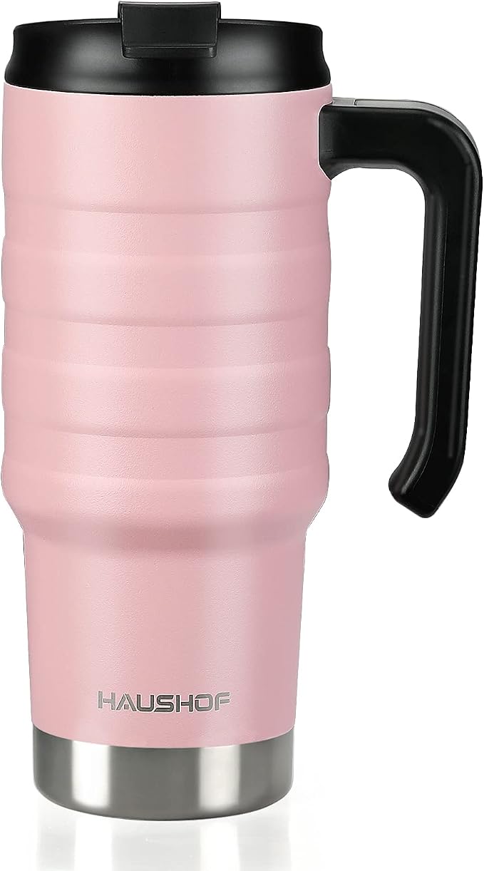 HAUSHOF 24 oz Travel Mug, Stainless Double Wall Vacuum Insulated Tumbler with Handle & Spill Proof Twist On Flip Lid and Wide Mouth, BPA Free (Pink) by HAUSHOF