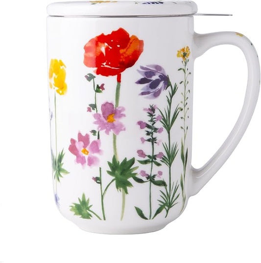 AmorArc Porcelain Tea Mug with Infuser and Lids, 18 Oz Coffee Cup Strainer with Bag Holder for Loose Leaf Tea, Tea Steeping Coffee Mug for House-warming Wedding Birthday Gift
