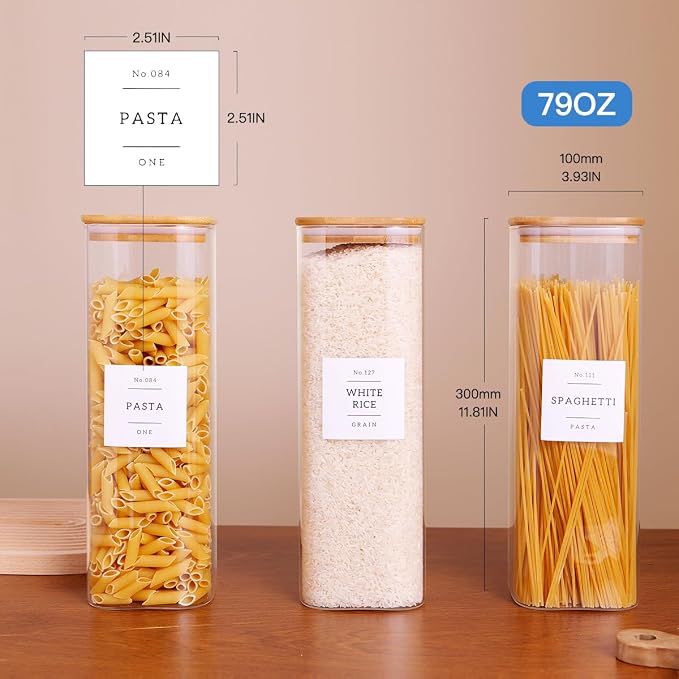 CZZGSM 3 Pack Square Kitchen Storage Jars with Airtight Bamboo Lids and 132 Pantry Labels - 80oz Glass Canisters with Wood Lids - Food Storage Containers for Spaghetti, Pasta, Fettuccine - Image 4