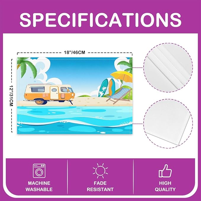 Feelyou Blue Ocean Placemats Set of 4 12"x18" Beach Theme Table Mats Placemat Room Decor Coastal Nautical Placemats for Dining Table Indoor Outdoor Kitchen Hawaiian Beach Decor Table Place Mats Camper - Image 4