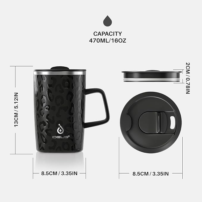 Ideus 16 oz Insulated Stainless Steel Coffee Mug with Lid, Leopard Black | Perfect for home, office, or daily use| Easy to clean wide mouth| Sweat-proof| On the go - Image 6