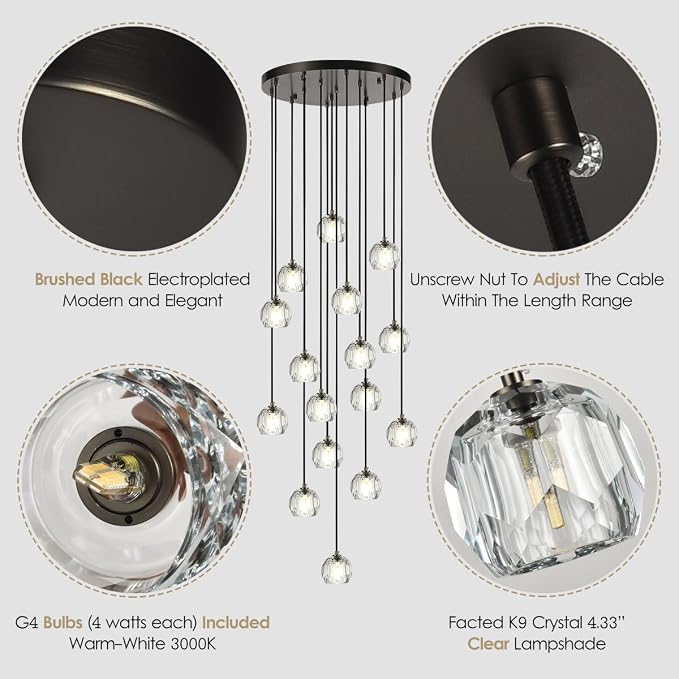 High Ceiling Foyer Chandelier, Brushed Black 16 Lights Crystal Staircase Chandelier, Modern Cut Pendant Raindrop Cluster Lighting Fixture for Entryway Living Room - Image 6