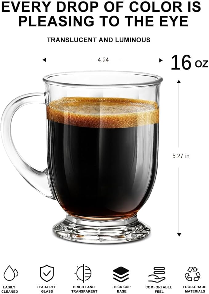 Clear Glass Coffee Mugs Set of 4, 16 OZ Large Glass Beer Cups with Handle,Striped Mug for Hot Beverages,Tea, Cappuccino, Latte, Espresso, Juice Mothers