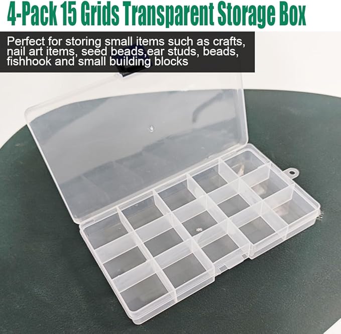 4 Pcs 15 Grids Clear Organizer Box Plastic Storage Container with Fixed Dividers Black Buckle for Electronics Jewelry Beads Art DIY Crafts Small Parts Non-Adjustable Dividers
