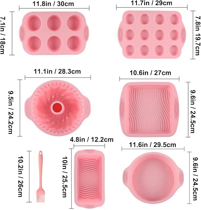 Nonstick Silicone Bakeware Set, 7pcs Baking Cake Pan, Economical BPA Free Heat Resistant Bakeware Suppliers Tools Kit with Silicone Brush for DIY Loaf Bread Cheesecake Pizza Cupcake Muffin