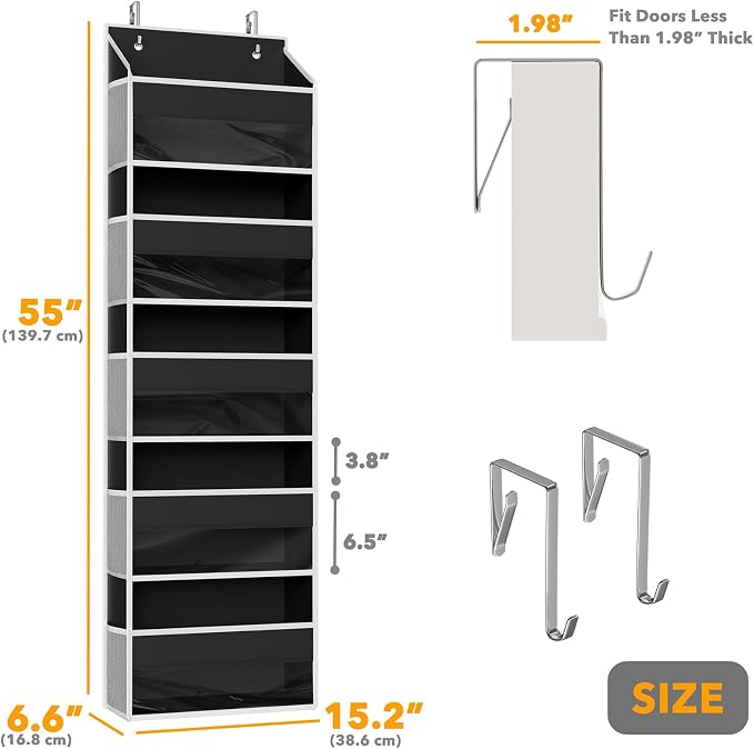 SpaceAid 1 Pack Over The Door Organizer with 5 Large Pockets and 10 Mesh Side Pockets, 5 Layers Door Organizer Hanging with Clear Window for Bedroom, Bathroom, Pantry and Nursery, Black - Image 2