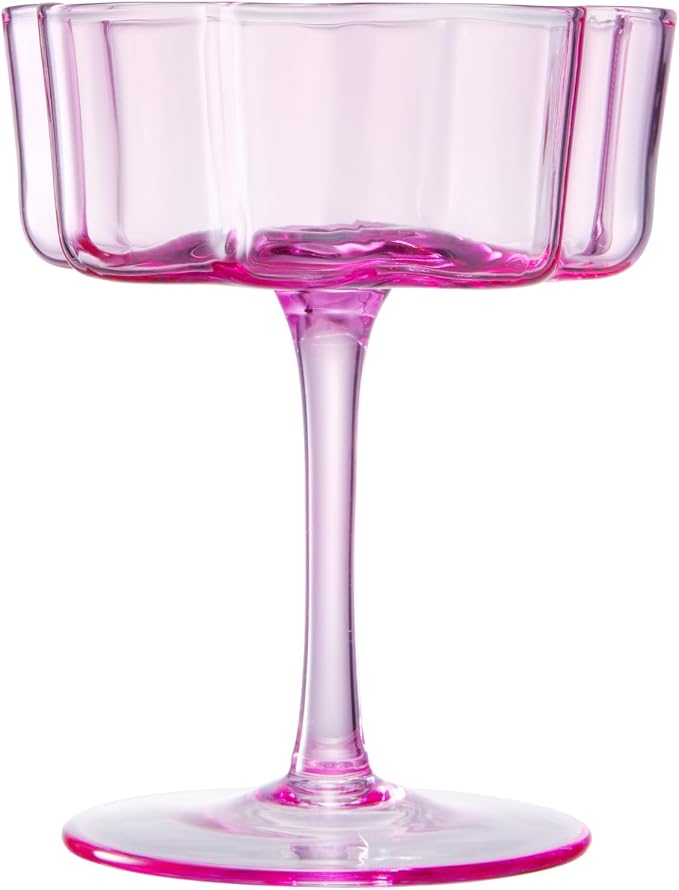 Flower Scalloped Vintage Wavy Petals Wave Glass Coupes 7oz Colorful Martini, Champagne & Cocktails, 2 Pink & Blush Set Amber Rippled Champagne Glasses, Elegant Bar Glassware, Aesthetic Coupe Glassware - Image 8