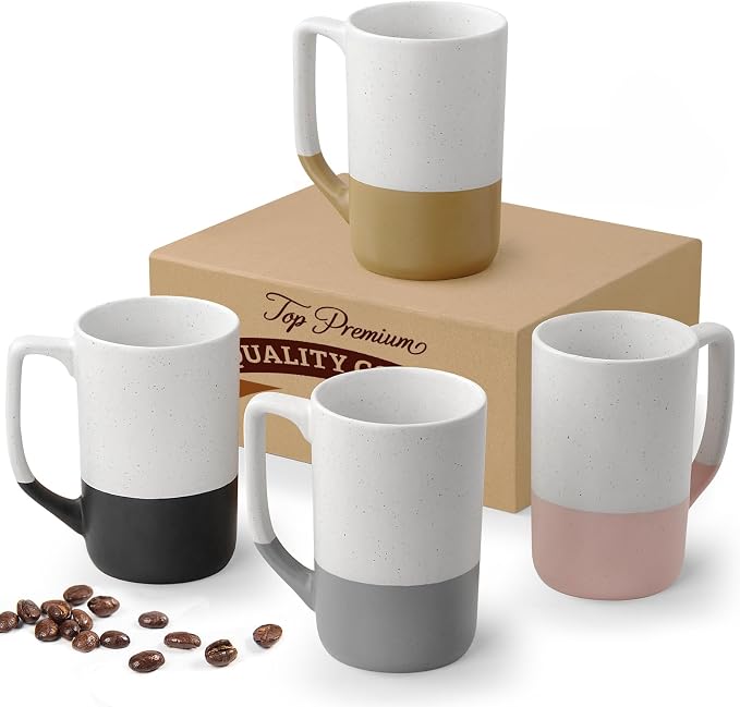 Large Ceramic Coffee Mug Set of 4, 16 oz Tea Cups with Handle, Porcelain Mug for Latte, Hot Tea, Cappuccino, Milk, Cocoa, Microwave & Dishwasher Safe Cups for Men Women Mug Lovers, Housewarming Gift by Gencywe