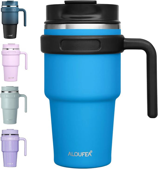 20 oz Insulated Travel Coffee Mug Tumbler with Handle and Straw | Leakproof Stainless Steel Coffee Cup with Lid, Double Wall Vacuum Ice Thermal Cup, Sky Blue by ALOUFEA