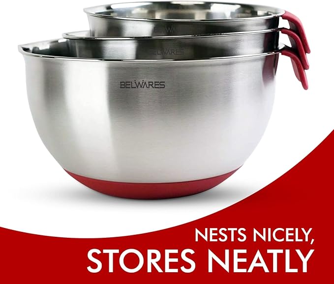 Belwares Mixing Bowls with Lids Set - 3-Piece Stainless Steel Nesting Bowls with Graters, Handles, and Airtight Lids - Non-Slip Mixing Bowls for Cooking, Baking, Prepping, and Food Storage (Red)