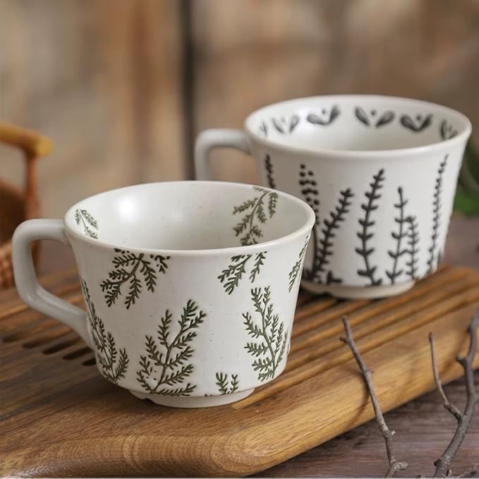 Small Ceramic Mug, 11oz - Vintage Cup Mug for Coffee Milk Latte Cappuccino Tea, Plant Porcelain Cup Dishwasher Microwave Freezer Safe Stoneware 1 PC Black Leaf Cup - Image 2