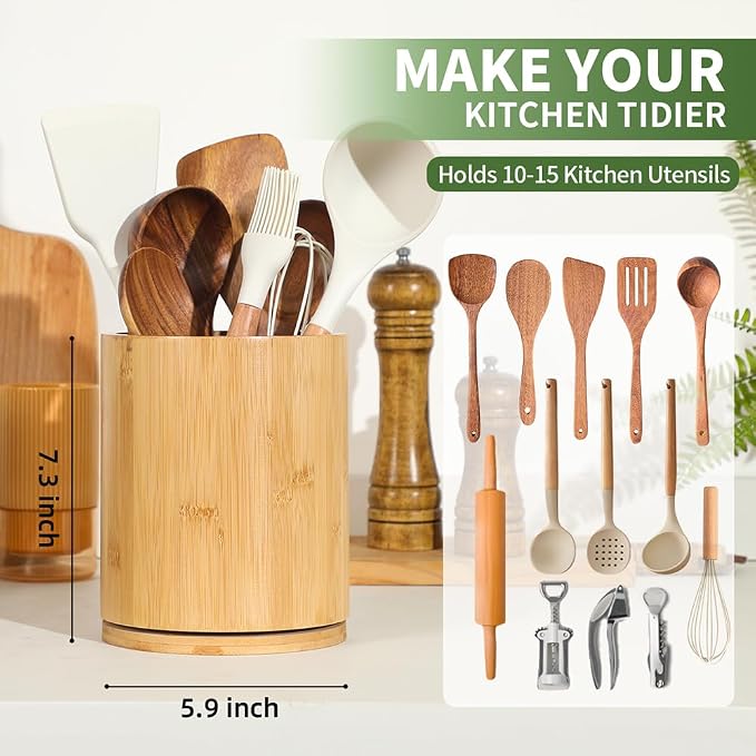Bamboo Wood Utensil Holder, 360° Rotating 7.3 in Kitchen Organizer | Rustic farmhouse countertop decor. 360° rotating base holds spatulas, ladles, tongs, and cooking tools. Natural bamboo wood. - Image 2