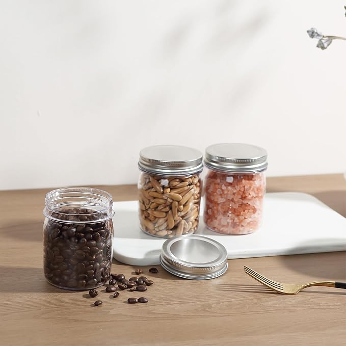 novelinks 8 oz Plastic Mason Jars and Clear Plastic Jars with Lids 8 oz | 48 Pack, Silver, Plastic Containers with Lids, Small Mason Jars, Clear Jars Bulk, Spice Jars, Slime Jars, Mini Jars - Image 6