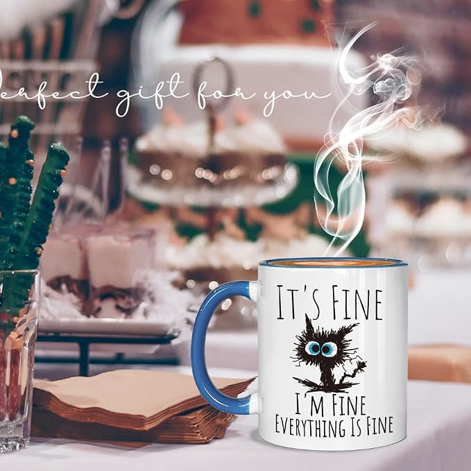 FALJIOK Funny Cat Coffee Mug Gifts for Cats Lover, It's Fine I'm Fine Everything Is Fines Coffee Mug 11oz, Novelty Mugs Gift for Women Man, Cats Lover Birthday Christmas Gifts (blue cat) - Image 2