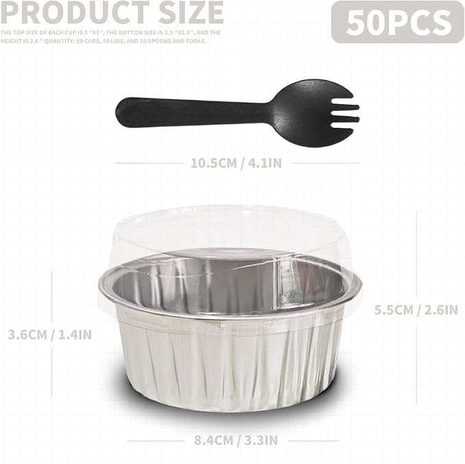 50Pcs Mini Aluminum Foil Cupcake,5oz silvery Baking Cups with Lids | Disposable Ramekins for Christmas,Mini Cake Pans,Loaf Pan with Lids,Tin Cups Containers for Cupcake,Pudding,Muffin,Cheesecake - Image 2